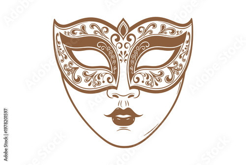 Brown venetian masquerade mask with ornate design isolated on white background