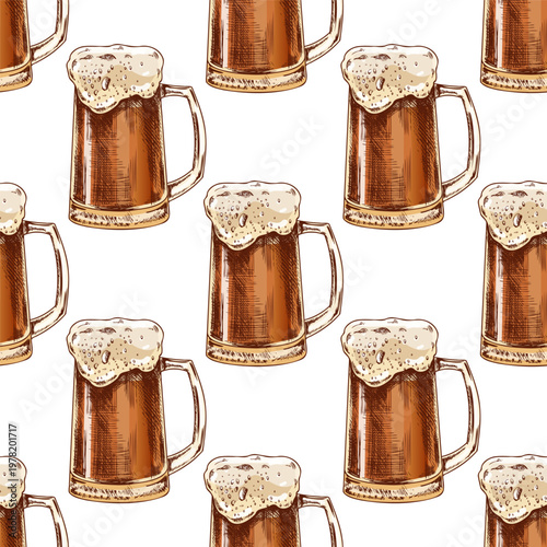 Hand drawn vintage seamless pattern of beer mugs with foam in glass stein repeat for bar pub design