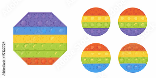 Colorful pop it fidget toys in various shapes isolated on white