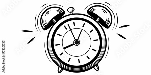 A black and white illustration of a ringing vintage alarm clock
