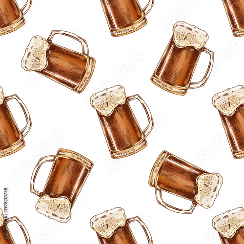 Hand drawn vintage seamless pattern of beer mugs with foam in glass stein repeat for bar pub design