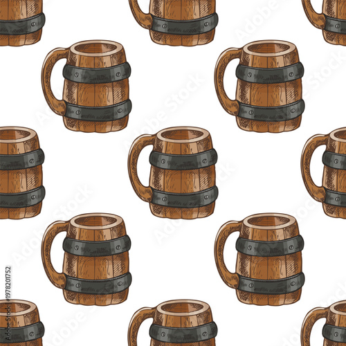 Hand drawn vintage seamless pattern of wooden beer mugs with metal bands rustic barrel style tankard repeat design