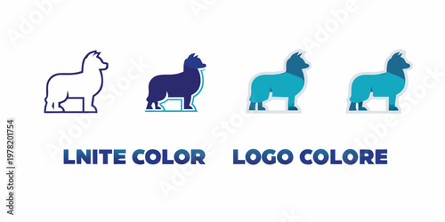 Four alpaca illustrations showcasing color variations and logo design options