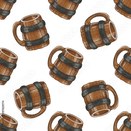 Hand drawn vintage seamless pattern of wooden beer mugs with metal bands rustic barrel style tankard repeat design