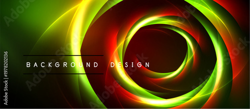 Abstract swirling lines, vibrant colors. Green, red, yellow blend into dynamic circular design. Dark background emphasizes luminosity.