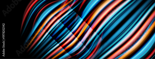 Abstract colorful lines create dynamic wave pattern. Bright hues blend, forming modern visual texture. Smooth gradients suggest movement.