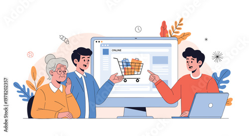 Family helping an elderly woman learn how to shop online using a desktop computer and laptop in a modern household setting.