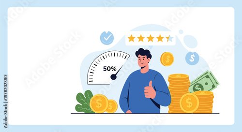 Successful investor showing satisfaction with financial growth and high credit rating represented by money stacks and positive feedback.