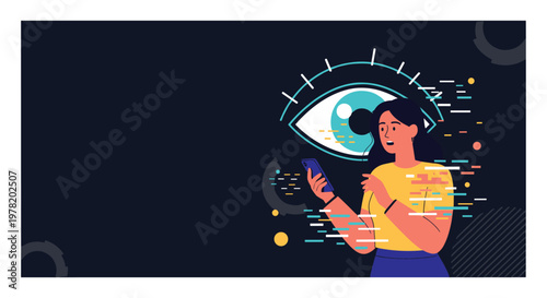 Young woman concerned about digital privacy and online surveillance while using her smartphone in a world of data monitoring.