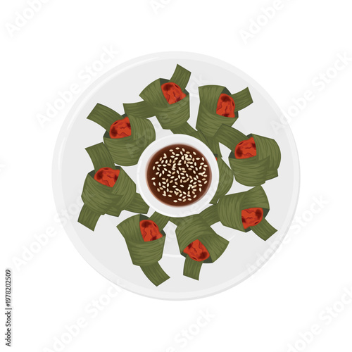 Vector Illustration Logo Clip art Top View Gai Haw Bai Toey or Gai Hor Bai Toey Pandan Chicken 