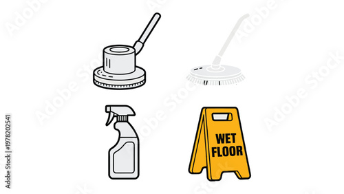 Cleaning Supplies and Tools: Illustration of essential cleaning supplies including floor buffer, mop, spray bottle, and a wet floor sign. A simple, line-art style.