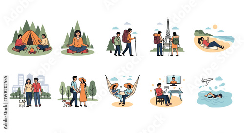Collection of diverse lifestyle and recreational activities including outdoor adventures, relaxation, travel, and personal hobbies.