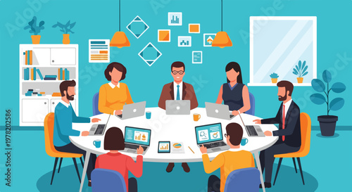 Seven diverse professionals sit around a circular table in a bright office, working on laptops during a collaborative business strategy meeting.