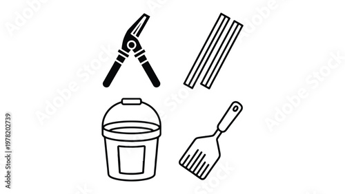 Tool Essentials: A concise illustration of essential tools needed for various DIY projects or home improvements. featuring a pruning shears, wooden plank, paint bucket and spatula.