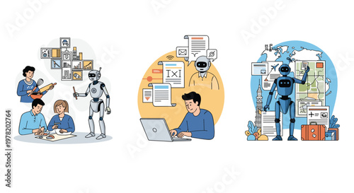 Versatile service robots assisting people with household chores, creative tasks, and global travel arrangements in the future.