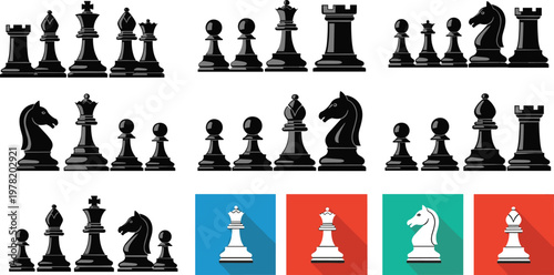 Chess pieces icon and silhouette set, king queen rook bishop knight pawn vector illustration collection isolated