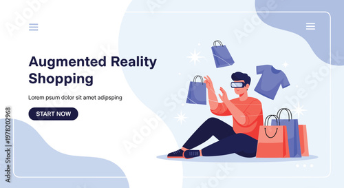 Man experiencing immersive augmented reality shopping using a headset to browse and select products from a virtual store.