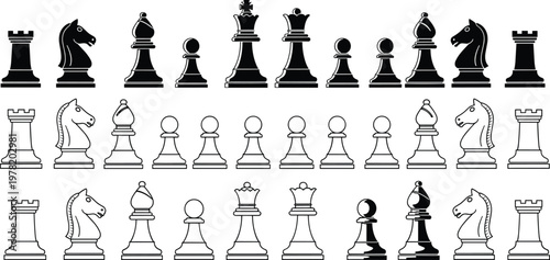 Chess pieces set, king queen rook bishop knight pawn silhouettes and outlines vector illustration isolated