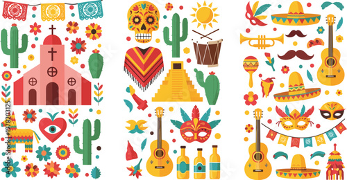Set of Mexican Cultural Icons Including Skulls, Guitars, Cacti, and Traditional Items for Celebration, Festival, and Fiesta Designs