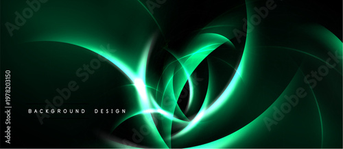 Abstract green glowing lines form dynamic curves. Dark background enhances bright central focus, creating modern visual effect.