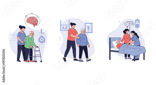 Compassionate healthcare services and elderly care providing assistance with mobility and medical recovery in various settings.