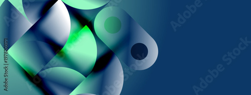 Abstract shapes overlap, creating vibrant blue, green gradients. Minimalist design evokes modern digital aesthetic. Smooth transitions define composition.