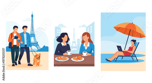 Modern lifestyles featuring travel to iconic destinations like Paris and the flexibility of remote work from a tropical beach.