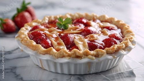 A fresh strawberry pie with flaky golden crust and glossy fruit filling on a marble counter in soft indoor lighting