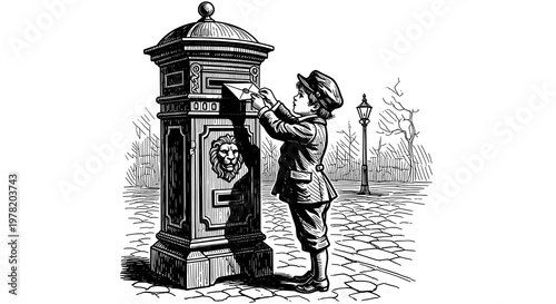 Young Boy Posting a Letter into a Vintage Ornate Pillar Mailbox