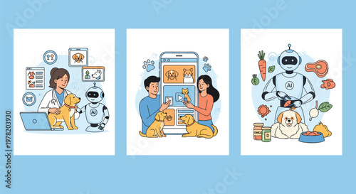 Future of pet care featuring professional veterinary services, digital pet adoption, and robotic assistance for animal wellness.