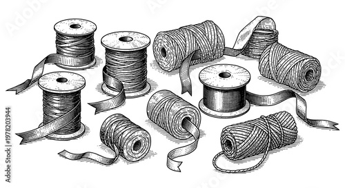 Vintage Engraved Collection of Ribbons and Spools for Crafting and Sewing