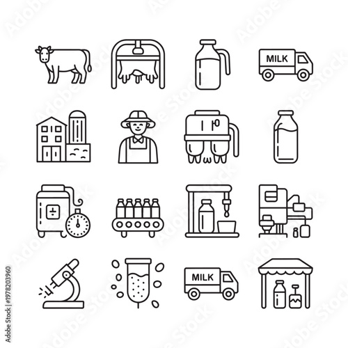 Dairy farm icons set cows milk bottles processing and delivery
