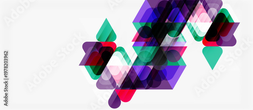 Abstract geometric shapes overlap, creating vibrant color blends. Composition feels modern, dynamic, visually interesting.