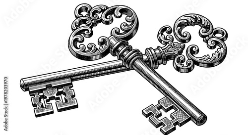 Two Ornate Vintage Skeleton Keys Crossed Over a White Background