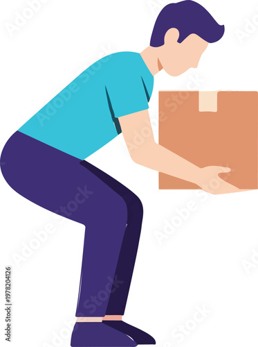 Young man holding a cardboard box while demonstrating the correct posture for safely lifting heavy package objects correctly