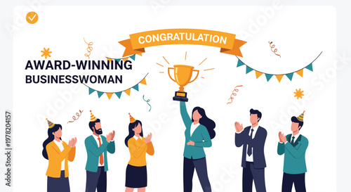 Successful businesswoman holds a gold trophy as colleagues celebrate her achievement with applause and festive decorations.