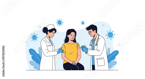 Medical professionals including a doctor and nurse administer a vaccine to a patient to protect against viral infections.