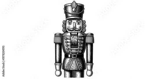 Highly Detailed Black and White Woodcut Style Illustration of a Traditional Nutcracker Soldier