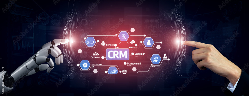 Obraz premium Captivating image showcasing a robotic hand and a human hand reaching towards a digital interface for customer relationship management, symbolizing innovation in business. Tessel