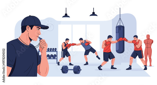 Professional boxing coach supervises athletes during training sessions in a gym equipped with punching bags and weights.