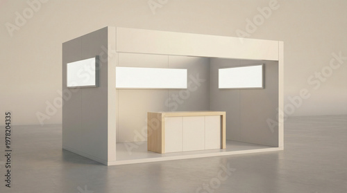 Modern Minimalist White Exhibition Booth Stand Mockup with Blank Lightboxes and Counter for Trade Show Branding and Corporate Events