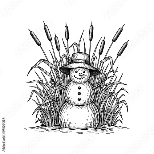 Charming Hand-Drawn Snowman Illustration with Cattails and Reeds in Engraving Style