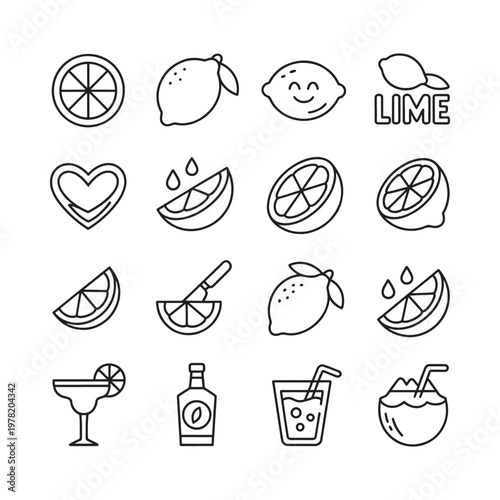 Variety of lime illustrations and related citrus drink icons in outline style