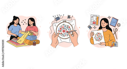 Creative process of textile design featuring women choosing colorful fabrics and practicing the traditional art of embroidery.