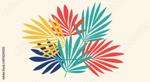 Vibrant composition of stylized palm leaves in yellow, red, and blue colors over a plain beige background for summer design.