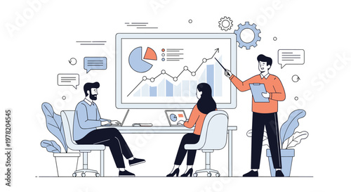 Business team holds a productive meeting in the office with a professional presentation of growth charts and data.