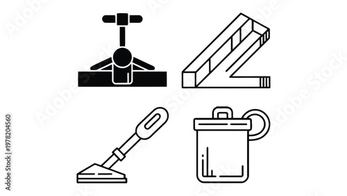Cleaning Equipment Icon Set: A collection of various cleaning tools and equipment, essential for maintaining cleanliness in homes and commercial settings, is presented in a sleek, minimalist style.