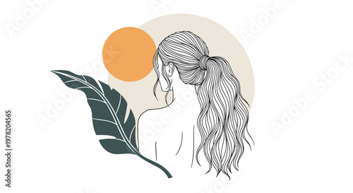 Minimalist line art illustration of a woman with a ponytail standing next to a tropical leaf under a setting sun.