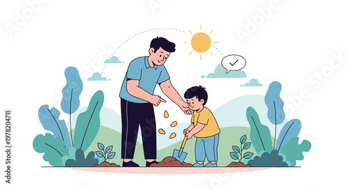 Father teaches his young son how to plant seeds in the garden during a sunny day to encourage a love for nature.