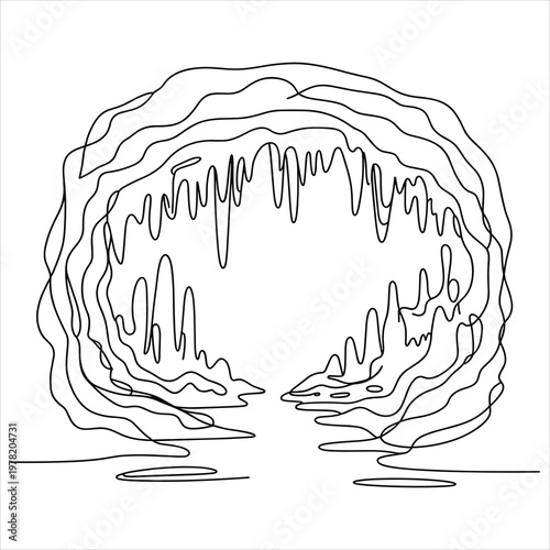 A minimalist continuous line drawing representing a deep underground limestone cavern interior